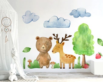 Wall Stickers for Kids, Nursery Decals Watercolor Woodland - Clouds, Cute Animals, Bear, Deer