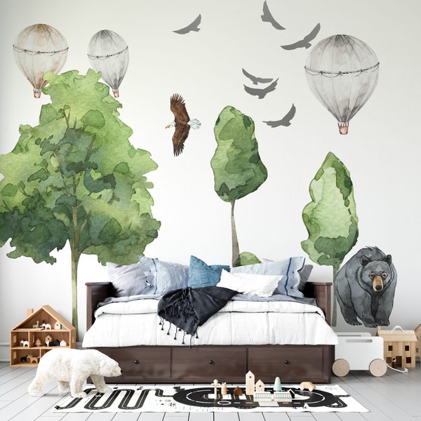 Leśne zwierzęta - naklejki na ścianę XXL - Niedźwiedź, drzewa, balony