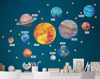 Aquarell Sonnensystem Große Wandtattoos für Kinder, Große Wandaufkleber Planeten, Kinderzimmer, Wandsticker, Wand Dekor Set Selbstklebend