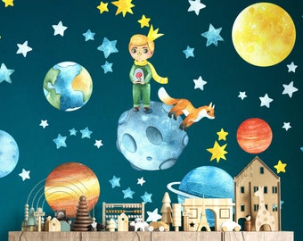 Grands stickers muraux Le Petit Prince - espace, planètes, étoiles, aquarelle, renard