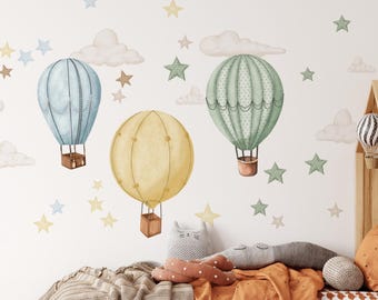 XXL Wall Stickers Hot Air Balloons Colorful Wall Stickers for Kids Self-Adhesive Decoration Clouds and Stars Colorful