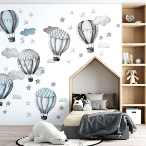 Grands stickers muraux bleus gris ballons, nuages et étoiles image 1