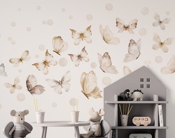 Wall Stickers Butterflies Beige Butterflies Circles Dots, Wall decoration beige butterflies dots