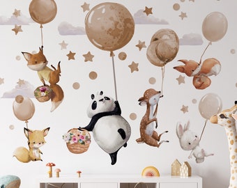 Large wall stickers - Animals on beige balloons - Panda Deer Fox Bunny - Wall decoration girl's boy's room - Birthday baby shower gift