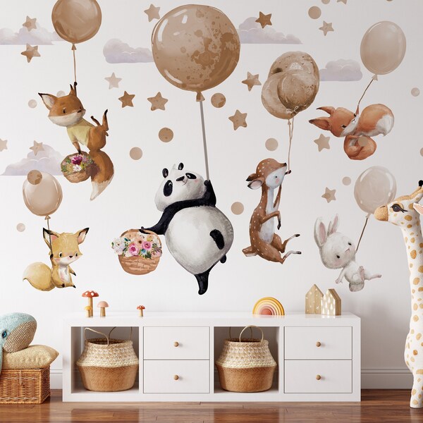 Large wall stickers - Animals on beige balloons - Panda Deer Fox Bunny - Wall decoration girl's boy's room - Birthday baby shower gift