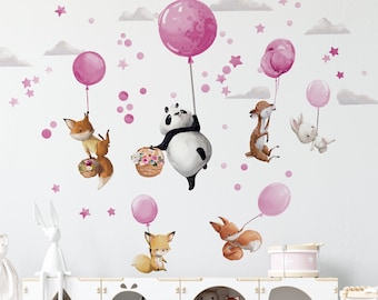 Cute Animals Wall Stickers with Pink Balloons