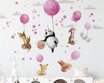 Large wall stickers - Animals on pink balloons - Panda Deer Fox Bunny - Wall decoration girl's boy's room - Birthday baby shower gift