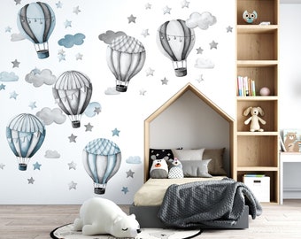 Grands stickers muraux bleus gris ballons, nuages et étoiles