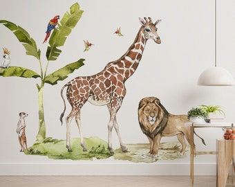 Safari Animals Wall Stickers, Nursery Wall Decal, Jungle Animals, Tropical Africa Wall Stickers, Kids Wall Decals, Wild Watercolor Animals