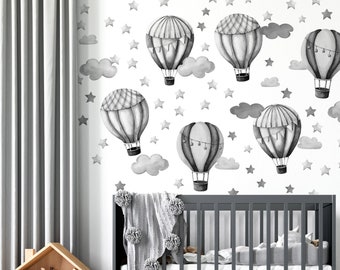 Grey Hot Air Balloons Wall Stickers - Nursery Stickers, Large Wall decal, Grey Balloons, stars, clouds