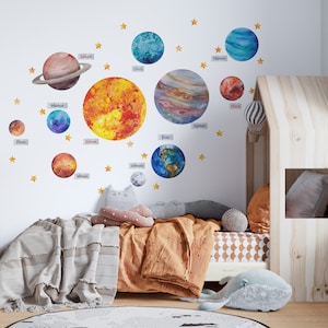 Solar System Large Wall Stickers for Kids Planets Space Big Solar System Wall Stickers Bedroom Playroom Watercolor image 3