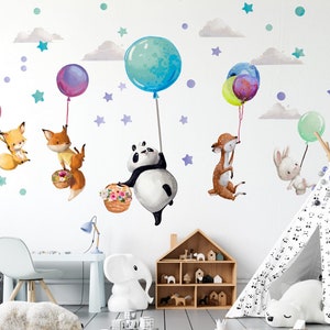 Large wall stickers - Animals on colorful balloons - Panda Deer Fox Bunny - Wall decoration girl's boy's room - Birthday baby shower gift