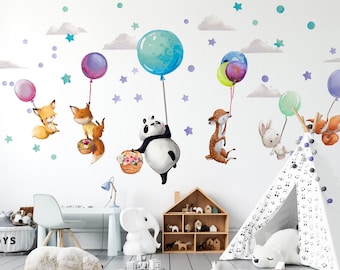 Large wall stickers - Animals on colorful balloons - Panda Deer Fox Bunny - Wall decoration girl's boy's room - Birthday baby shower gift