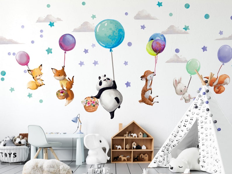 Grands stickers muraux animaux sur ballons colorés Panda Cerf Renard Lapin image 1