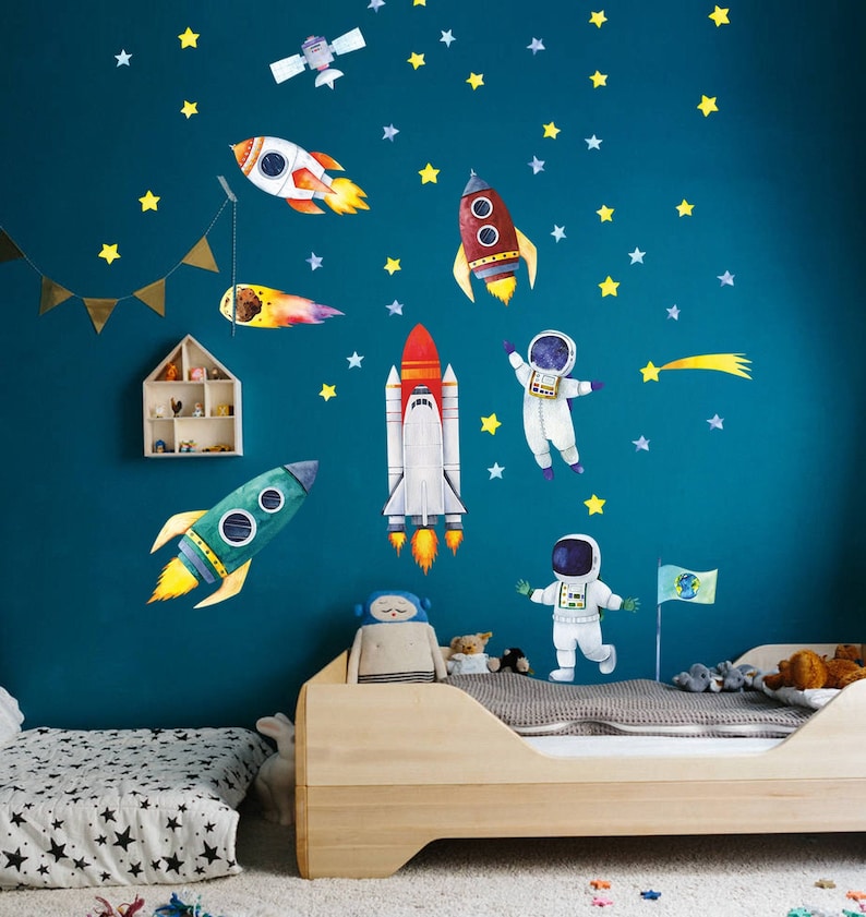 Aquarell Wandaufkleber Weltraum, Raketen, Kosmonauten Schälen und aufkleben Leerzeichen Schlafzimmer Spielzimmer Bild 1