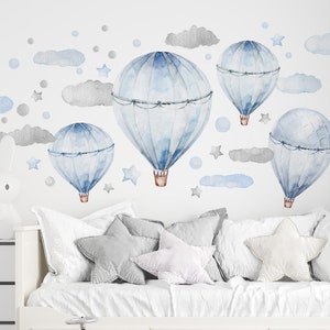 Large wall stickers Blue Pastel Balloons Clouds Stars Dots - Nursery wall decals STICKERS, Hot air baloon baloons for girl's room boy's room