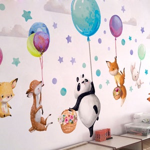 Grands stickers muraux animaux sur ballons colorés Panda Cerf Renard Lapin image 6