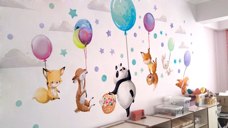 Große Wandsticker Tiere auf bunten Luftballons Panda Hirsch Fuchs Hase Wanddekoration Mädchen Jungenzimmer Geburtstag Babyparty Geschenk Bild 6