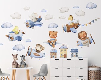 Wall stickers animals and planes colorful self-adhesive decoration for a child's room Wall decals