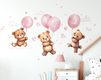 Wall sticker pink balloons bears hearts wall sticker animals with balloon Teddy bears wall sticker for children's room