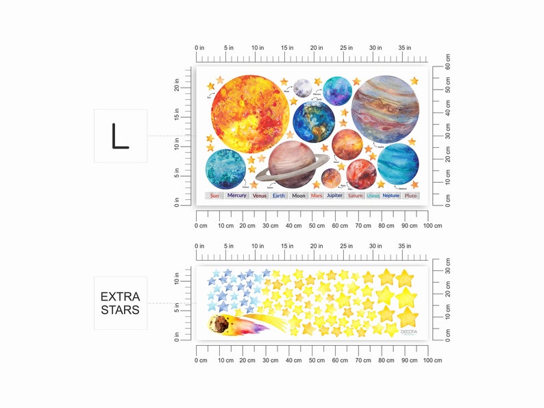 Aquarell Sonnensystem Große Wandtattoos für Kinder, Große Wandaufkleber Planeten, Kinderzimmer, Wandsticker, Wand Dekor Set Selbstklebend L + EXTRA STARS