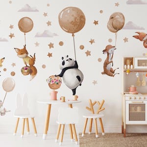 XXL Sticker Set Tiere Beige Luftballons wandtattoo für Kinderzimmer Panda Wandsticker für Babyzimmer Fuchs Waldtiere selbstklebend