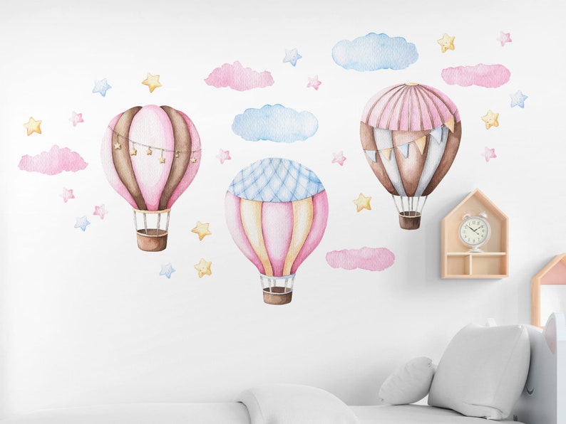 Wall Stickers for Kids, Nursery Decals Pink and Blue Hot Air Balloons image 1