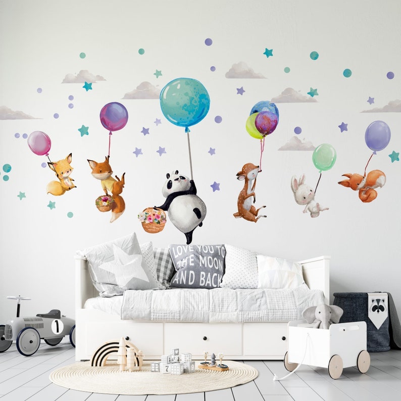 Grands stickers muraux animaux sur ballons colorés Panda Cerf Renard Lapin image 2