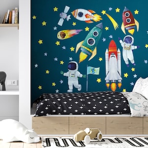 Aquarell Wandaufkleber Weltraum, Raketen, Kosmonauten Schälen und aufkleben Leerzeichen Schlafzimmer Spielzimmer Bild 3