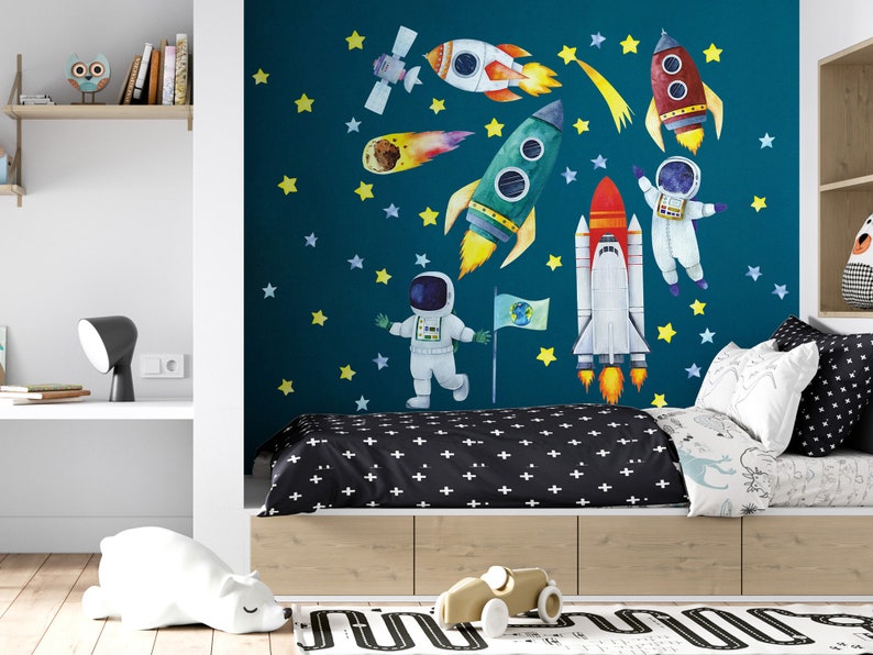 Aquarell Wandaufkleber Weltraum, Raketen, Kosmonauten Schälen und aufkleben Leerzeichen Schlafzimmer Spielzimmer Bild 3