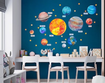 Grote muurstickers met planeten, zonnestelsel en ruimte, XXL zelfklevende stickers voor de kinderkamer