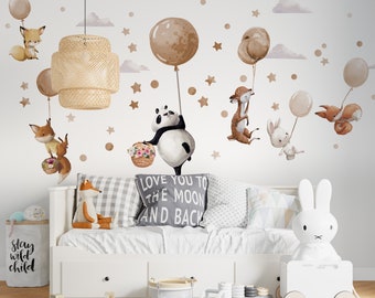 Grote muurstickers met dieren op beige ballonnen - Panda Hert Fox Bunny