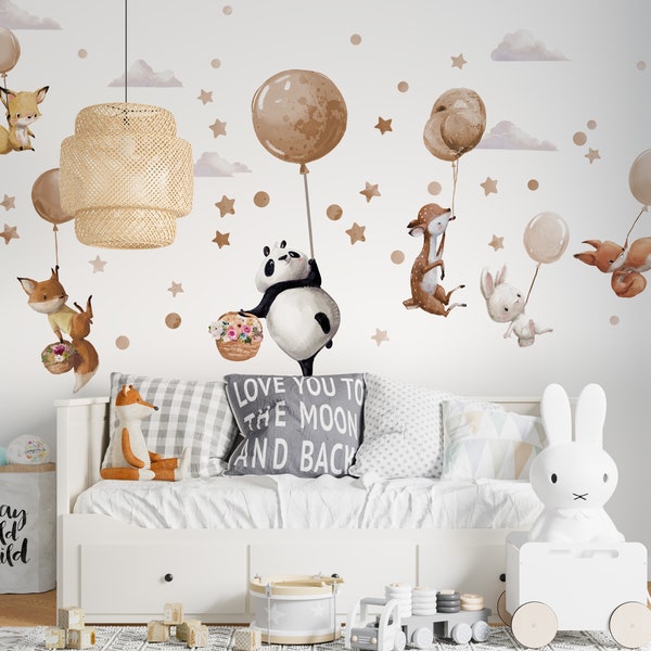 Grands stickers muraux avec animaux sur ballons beiges - Panda Cerf Renard Lapin