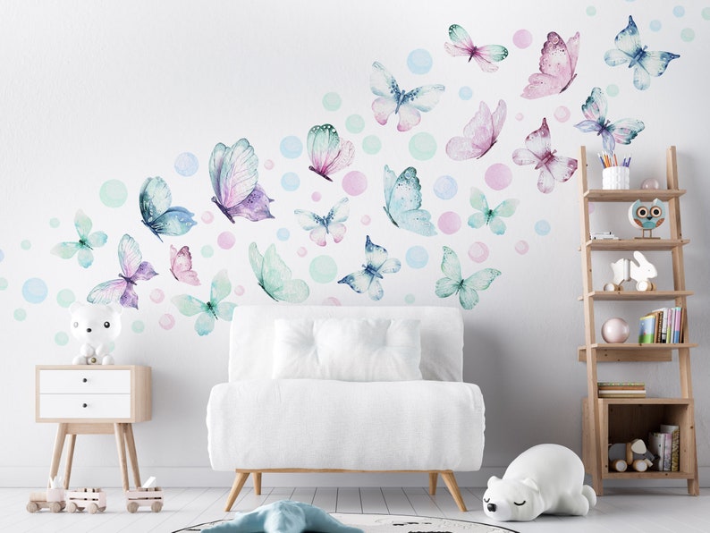 Kolorowe pastelowe motylki i kropeczki naklejki na ściany meble do pokoju dziecięcego zdjęcie 3
