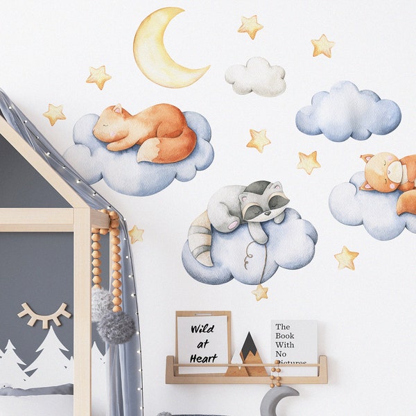Wall Stickers for Kids - Animals Sleeping on Clouds - Cute Animals, Fox, Racoon