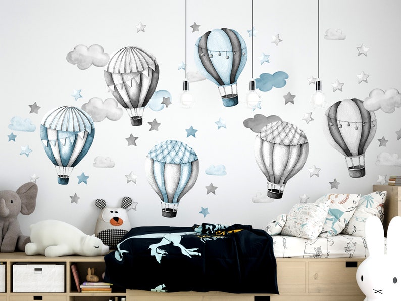 Grands stickers muraux bleus gris ballons, nuages et étoiles image 2