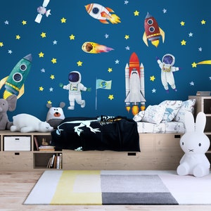 Aquarell Wandaufkleber Weltraum, Raketen, Kosmonauten Schälen und aufkleben Leerzeichen Schlafzimmer Spielzimmer Bild 9