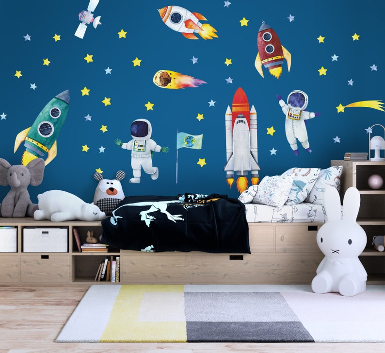 Aquarell Wandaufkleber Weltraum, Raketen, Kosmonauten Schälen und aufkleben Leerzeichen Schlafzimmer Spielzimmer Bild 9