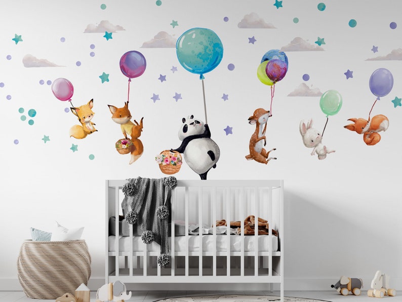 Große Wandsticker Tiere auf bunten Luftballons Panda Hirsch Fuchs Hase Wanddekoration Mädchen Jungenzimmer Geburtstag Babyparty Geschenk Bild 3