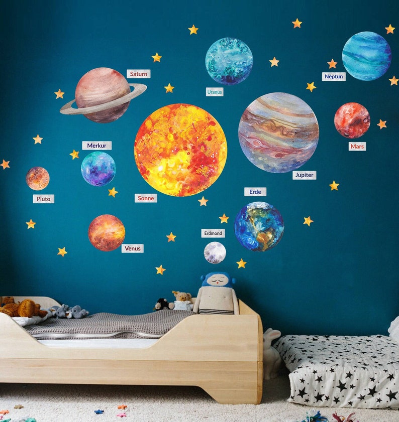 Aquarell Sonnensystem Große Wandtattoos für Kinder, Große Wandaufkleber Planeten, Kinderzimmer, Wandsticker, Wand Dekor Set Selbstklebend Bild 1