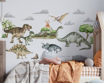 Watercolor DINOSAURS wall stickers, brontosaurus pterodactyl triceratops, DINOSAUR for boys room, girls room, kids room