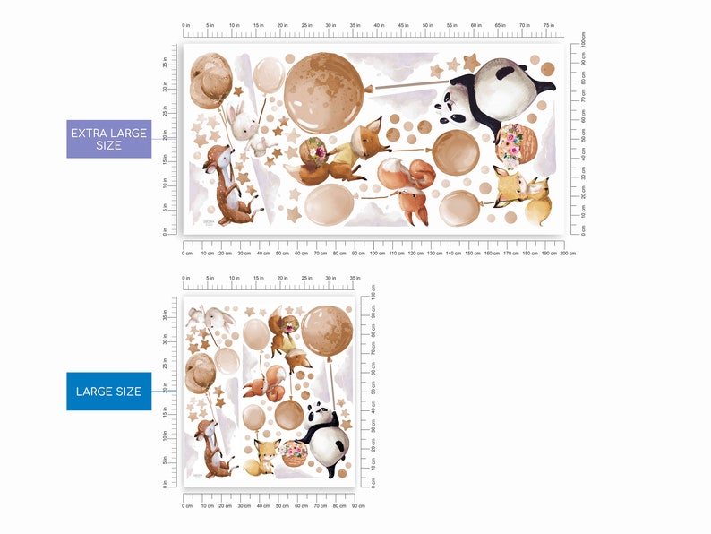 Grote muurstickers met dieren op beige ballonnen Panda Hert Fox Bunny afbeelding 8