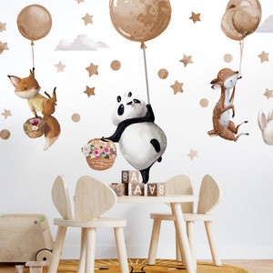 Grote muurstickers met dieren op beige ballonnen Panda Hert Fox Bunny afbeelding 5