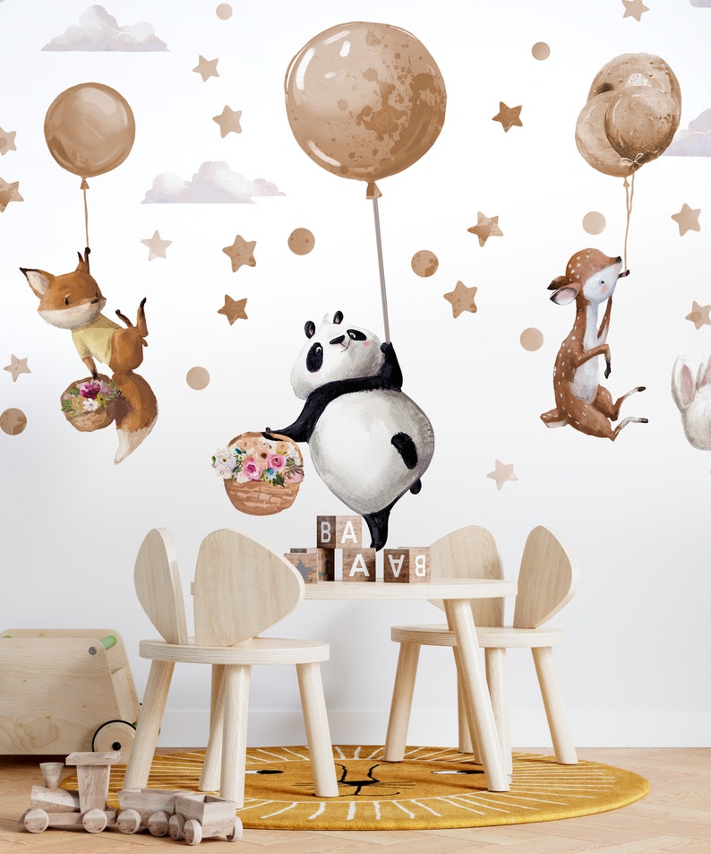 Grands stickers muraux avec animaux sur ballons beiges Panda Cerf Renard Lapin image 5