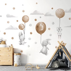 Wall Stickers Bunnies Flying on beige Balloons - Large wall decoration Child's room Birthday gift for Baby shower Rabbits sticker - Hares