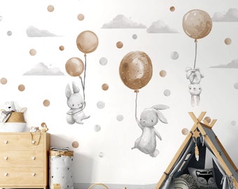 Wall Stickers Bunnies Flying on beige Balloons - Large wall decoration Child's room Birthday gift for Baby shower Rabbits sticker - Hares