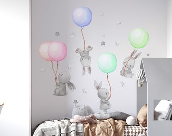 Nursery Decals, Wall Stickers for Kids - Gray Rabbits with colorful balloons and stars - blue, green, pink