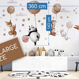 Grands stickers muraux avec animaux sur ballons beiges Panda Cerf Renard Lapin image 10