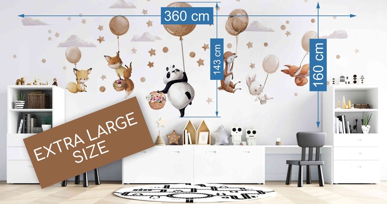 Grote muurstickers met dieren op beige ballonnen Panda Hert Fox Bunny EXTRA LARGE SIZE