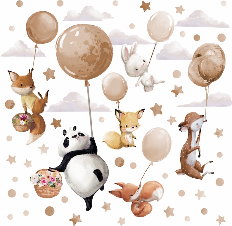 Grandi adesivi murali con animali su palloncini beige Panda Cervo Volpe Coniglietto immagine 7